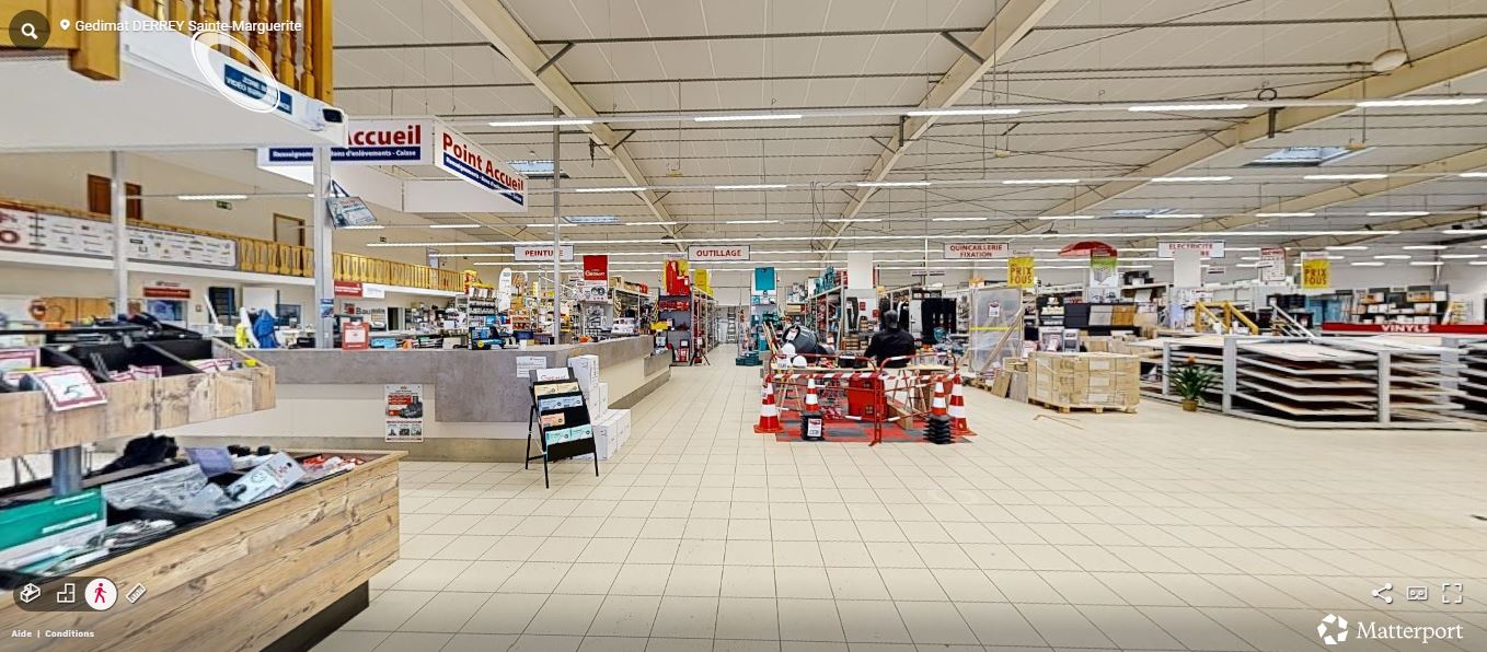 Visite virtuelle de l&rsquo;agence Gedimat Derrey &agrave; Sainte-Marguerite, permettant de d&eacute;couvrir le showroom salle de bain, les autres showrooms, les espaces, les mat&eacute;riaux et les produits disponibles en magasin.